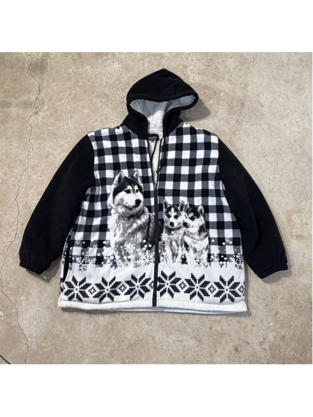 Vintage Husky Fleece Jacket Sherpa Lined Black White Buffalo Plaid Women’s XXL